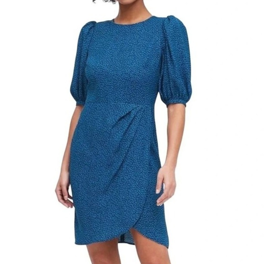 Banana Republic Cheetah Puff Sleeve Dress 12 Blue Animal Print Draped Sheath